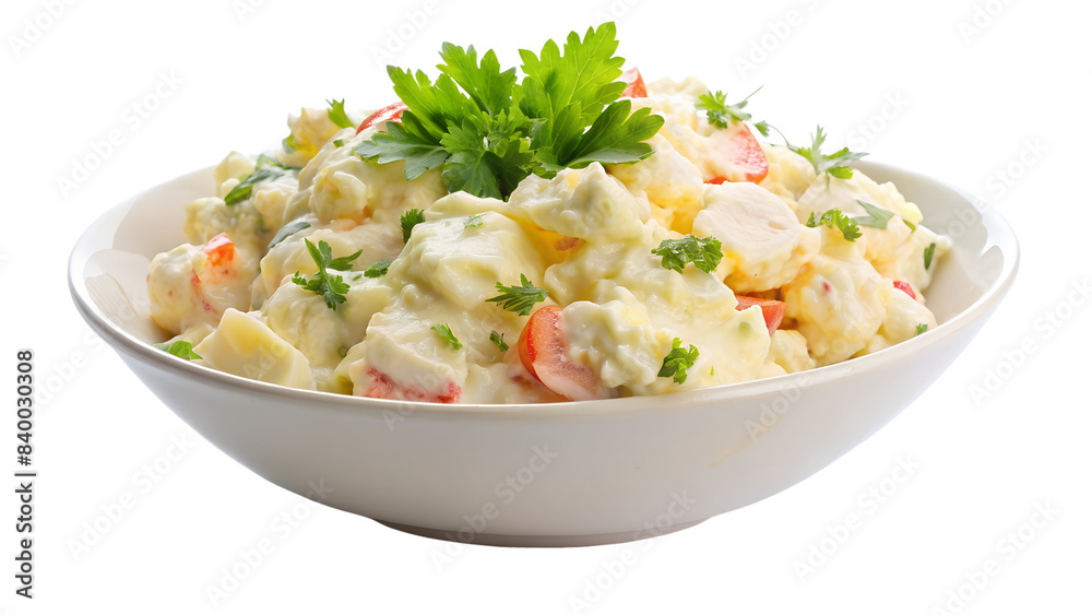 Wall mural a bowl of potato salad garnished with parsley. The creamy salad contains chunks of potato and bits of carrot, creating a mix of yellow and orange colors