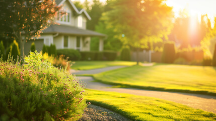 Elegant garden with manicured lawn, vibrant flowers, and winding path, ideal for text, ads, presentations. Bathed in sunset's golden light, it exudes tranquility.


