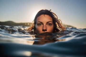 A woman is swimming in the ocean and her hair is wet