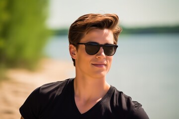 A man wearing sunglasses and a black shirt is smiling at the camera