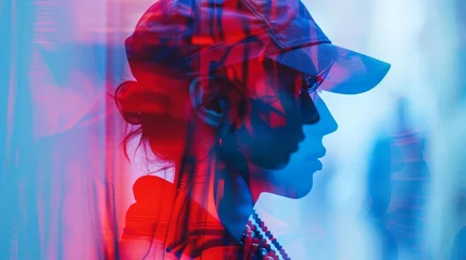 A person in a cap, seen in profile, with a double exposure effect in blue and red hues. © Ruby Siam