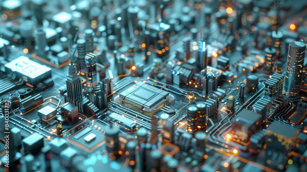 Poster a close-up shot of a smart city's intricate network of sensors, microchips, and antennas, highlighti