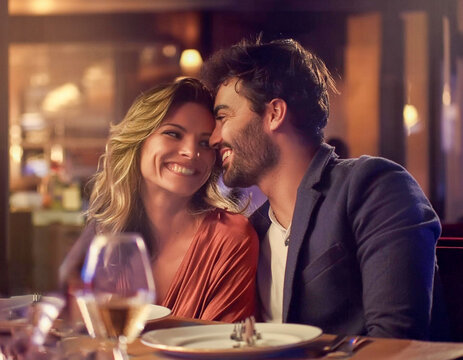 Man and woman loving couple have a date in a restaurant night bar
