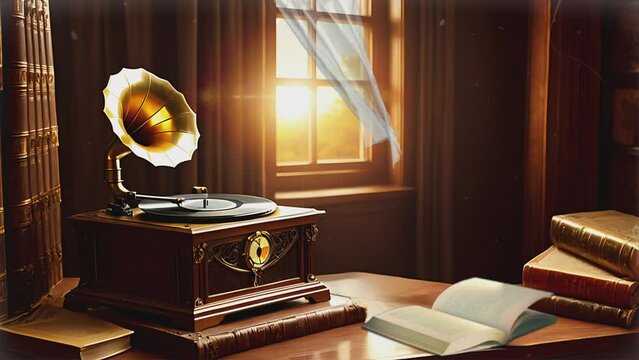 Vintage gramophone with intricate design, evoking a sense of nostalgia and classic elegance. Seamless looping 4k time-lapse virtual video background