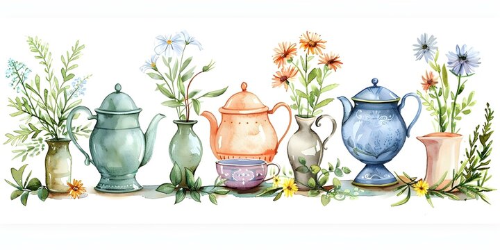 Watercolor clipart set featuring vintage tea party elements like teapots and cups. Concept Vintage Tea Party, Watercolor Clipart, Teapots, Teacups, Vintage Elements