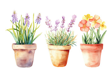Set of watercolor painting spring or summer flowers and leaves branch in pot garden plants vector illustration