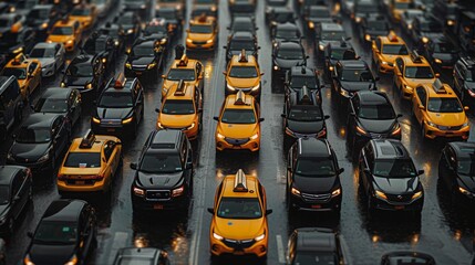 A lots of black cars in traffic, with yellow car looking like a taxi, stuck in the traffic. Aerial view. Generative AI.