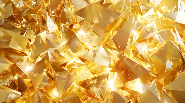 3d render, abstract gold crystal background, faceted texture, macro panorama, wide panoramic polygonal wallpaper