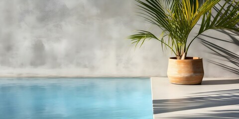 Obraz premium Abstract summer pool water background with palm tree shadow on concrete wall. Concept Summer Pool, Abstract Background, Palm Tree Shadow, Concrete Wall, Tropical Atmosphere