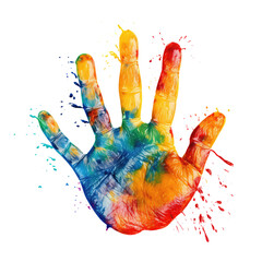 Colorful hand print isolated on transparent white background, clipping path 