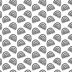 Charcoal rainbow regular seamless pattern. Black doodle rainbow sign repeat on white background. Hand drawn scribble design. Vector illustration.