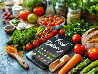 A phone with the word food delivery on it is on a table with various fruits