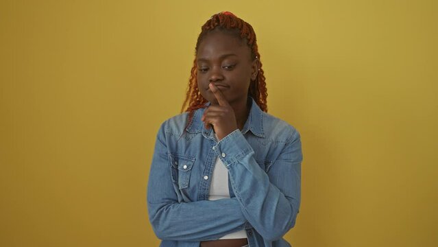 Thinking african american woman wearing denim shirt, standing with finger on chin, looking up in wonder and concentration, filled with doubt, isolated over yellow background