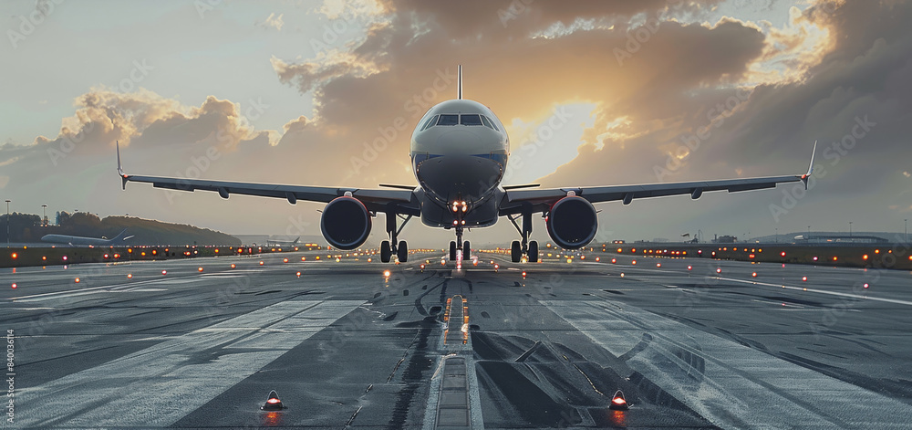 Aufkleber An airplane landing on the runway with flaps extended and wheels down. Generative AI.