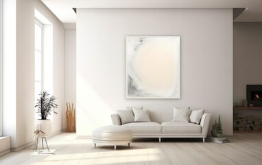 Living room interior design. Minimalistic style art studio space mockup. Huge white framed blank art canvas on large wall in minimal room. Soft day light. Gallery, exhibition, exposure. AI Generative.