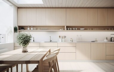 Modern kitchen, interior design, minimalistic scandinavian look. Natural wooden and white materials. Minimalistic sunny photo. AI Generative