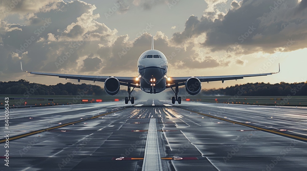 Aufkleber An airplane landing on the runway with flaps extended and wheels down. Generative AI.