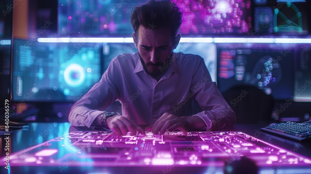 Fototapete A graphic designer man is designing and creating in holograms, he creates a technological design, the holograms have a neon purple color, the background is minimalist. Generative AI.