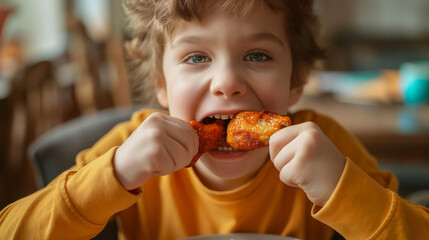 A little boy eating chicken wings