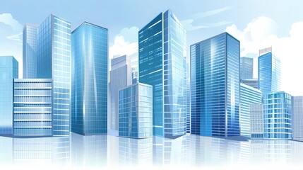 Obraz premium A clean and modern vector illustration of high-rise office buildings with reflective windows, set against a sky with light cloud cover, conveying a professional business environment.