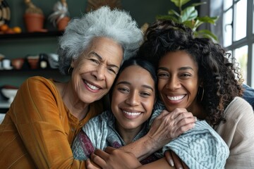 Three generations of women smiling and hugging. Grandma with her daughter and grandkid