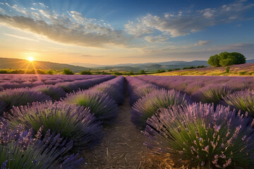 Obraz premium A beautiful scene of a lavender field in a sunny day