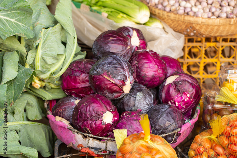 Sticker fresh vegetables on display in a traditional market