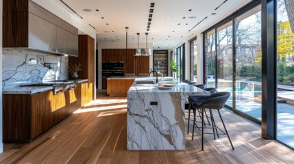 Obraz premium A modern kitchen contains a wooden floor and a marble counter, 