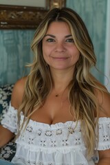 Fototapeta premium A happy plus size woman with long blonde hair smiles while sitting on a chair with a floral pattern. She is wearing a white, off-the-shoulder top with ruffles