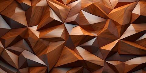 Obraz premium 3D wooden panel with abstract low poly geometric shapes on wood texture. Concept Woodworking, Abstract Art, Geometric Design, 3D Modeling, Textured Surfaces