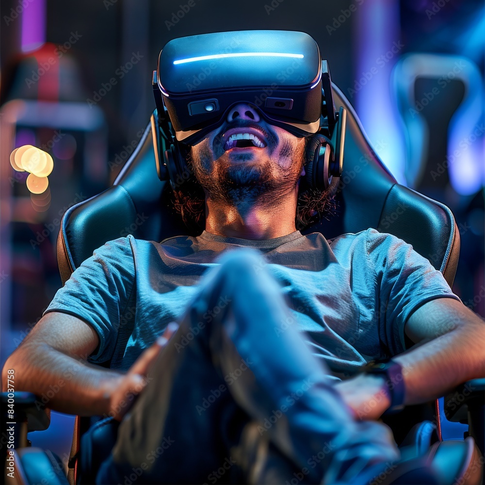Aufkleber Man playing VR seated in a gaming chair in black and blue focus on the thrilled expression. Generative AI.