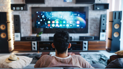 A man installing a large flat-screen TV on the wall in his living room, with home entertainment technology like speakers and consoles visible