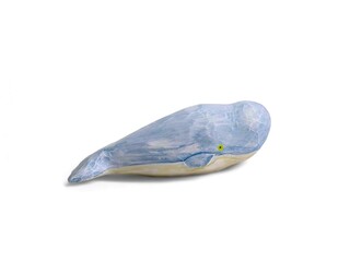 miniature blue whale character on a white background