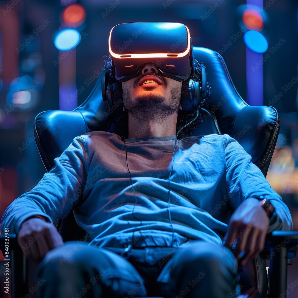 Aufkleber man playing vr seated in a gaming chair in black and blue focus on the thrilled expression. generati