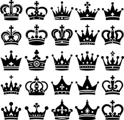 Crown King mega icon set vector illustration. King, queen tiara, princess diadem in style of hand-drawn black doodle on white background. Collection of the crown silhouette.