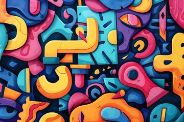 Obraz premium A colorful abstract painting with a lot of shapes and numbers. The painting is full of bright colors and has a lot of different shapes. The numbers are scattered throughout the painting