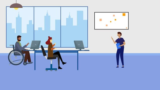 Animation in 4k resolution, people with disabilities work in a company, work together and meet to discuss and exchange ideas, do joint planning.