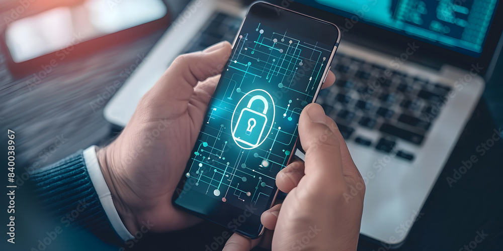 Poster cybersecurity and privacy concepts to protect data. businesses use smartphones with cyber security t