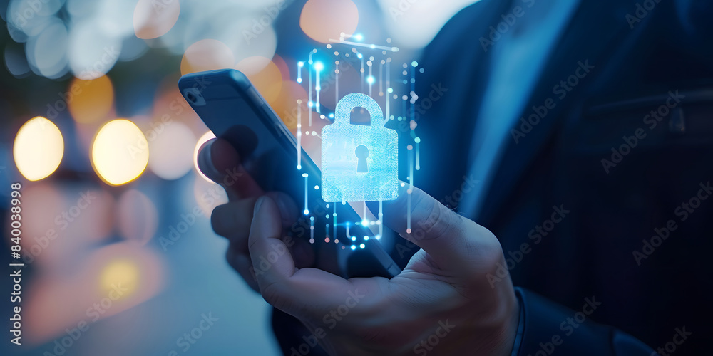 Poster cybersecurity and privacy concepts to protect data. businesses use smartphones with cyber security t