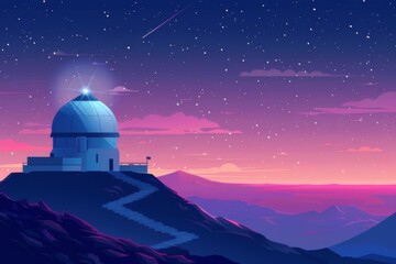 Obraz premium A stylized vector illustration of a mountaintop observatory under a starry sky at sunset.