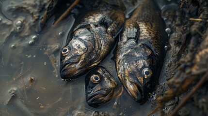  a group of dead fish along the bank of a river with dark polluted water