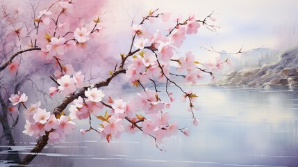Dreamy watercolor rendering of cherry blossoms in shades of pink and white, evoking a sense of springtime 