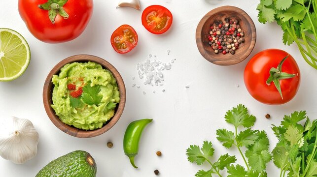 Fresh guacamole and ingredients on white background captured from above. Vibrant and colorful image showcasing healthy food. Perfect for AI