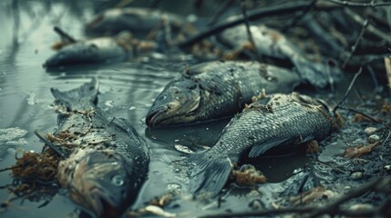  a group of dead fish along the bank of a river with dark polluted water