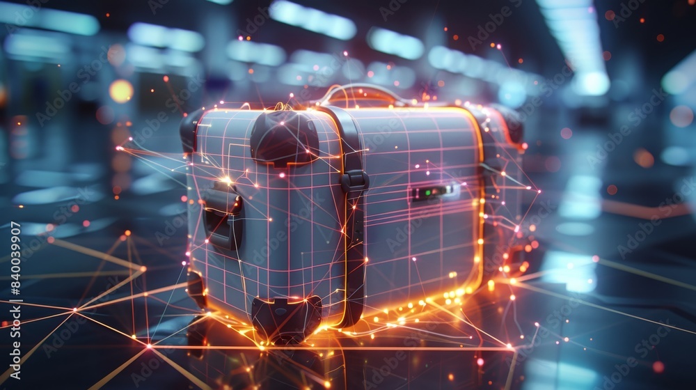 Poster Polygon suitcase, highlighted with connected triangles, bright connecting lines. Generative AI.