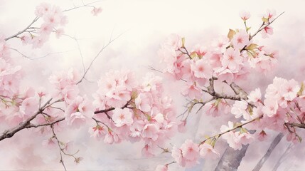 Dreamy watercolor rendering of cherry blossoms in shades of pink and white, evoking a sense of springtime 