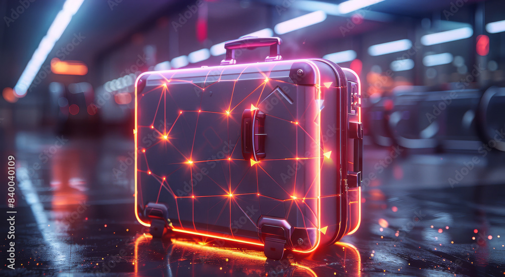 Leinwandbilder polygon suitcase, highlighted with connected triangles, bright connecting lines. generative ai.
