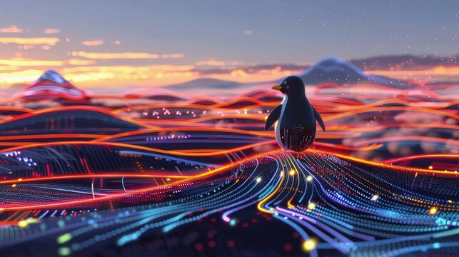 A digital landscape with flowing code streams and the Linux penguin mascot subtly integrated into the horizon, symbolizing stability and open-source power.