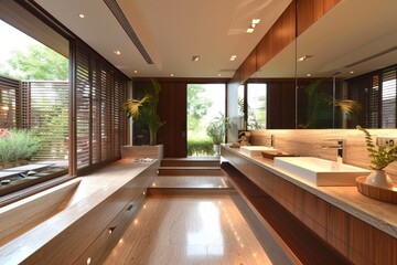 Fototapeta premium Minimalist Bathroom with Floating Vanity, Bathroom with a floating vanity and a large mirror