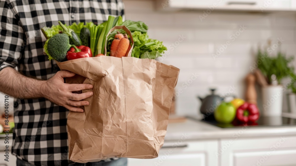 Poster Person holding a brown paper bag filled with fresh vegetables in a kitchen. Concept of healthy eating and sustainable living. . AI.